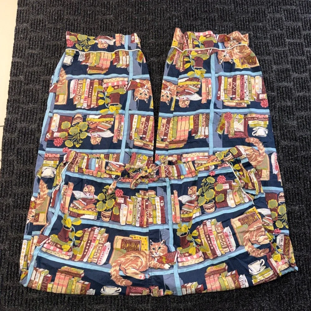 Printfresh Library Cats Pajama Set XL Blue Cotton Bookshelf Long Sleeve PJ Set